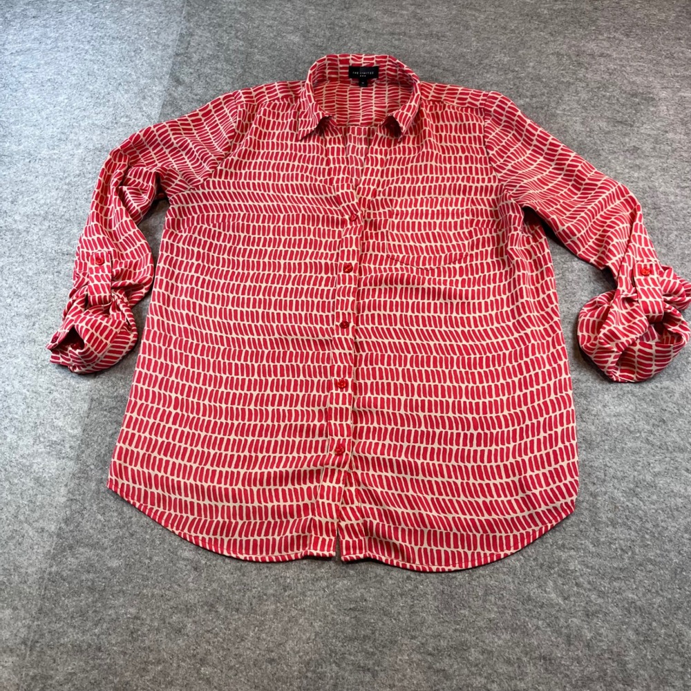 The Limited Women Button Down Red Geometric Dash Print Blouse M Roll Tab Sleeve